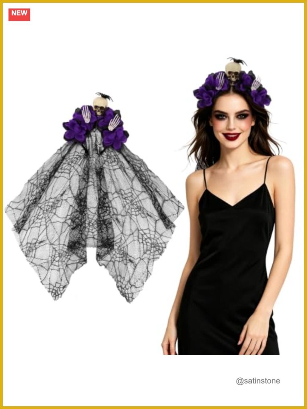 Gothic Day of the Dead Headband with Skull and Lace Veil